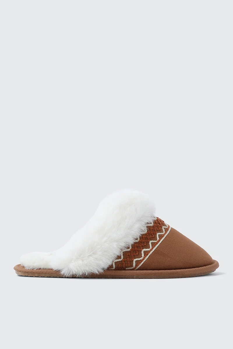Ardene Slippers with Faux Fur Trim and Embroidery in Brown | Size | Faux Suede | Eco-Conscious