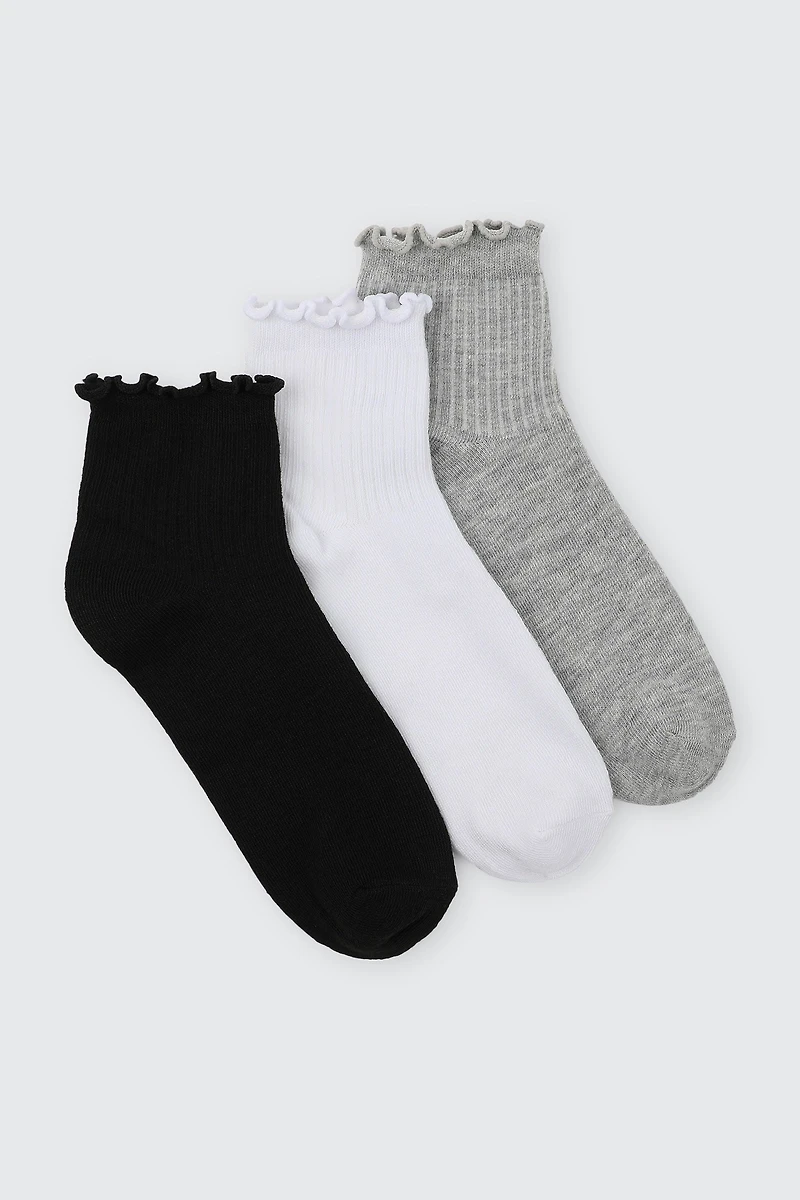 Ardene 3-Pack Lettuce Edge Demi Crew Socks | Polyester/Spandex