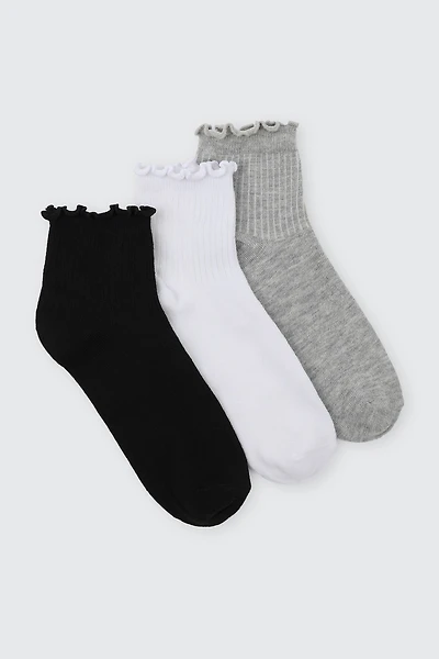 Ardene 3-Pack Lettuce Edge Demi Crew Socks | Polyester/Spandex