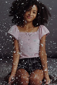 Ardene Kids Velvet Top with Lace Details in Light Pink | Size | Polyester/Elastane