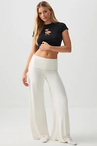 Ardene Bruched Knit Flare Leg PJ Pants in White | Size | Polyester/Spandex