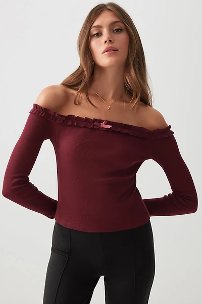 Ardene Off Shoulder Top with Ruched Trim in | Size | Polyester/Cotton