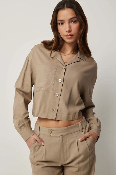 Ardene Crop Linen Blend Shirt in Beige | Size Small | Viscose