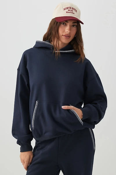 Ardene Whipstitch Oversized Hoodie in Dark Blue | Size | Polyester/Cotton | Fleece-Lined