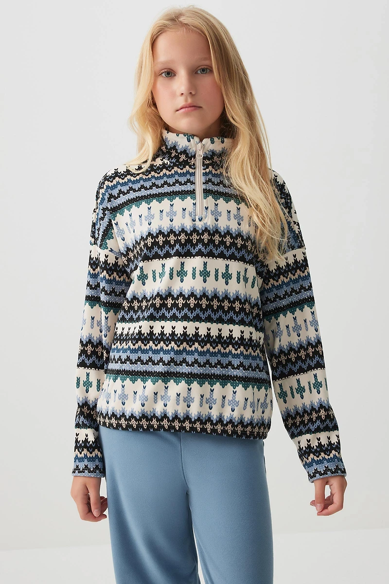Ardene Kids Fair Isle Polar Fleece 1/4 Zip Sweatshirt in | Size | Polyester/Elastane
