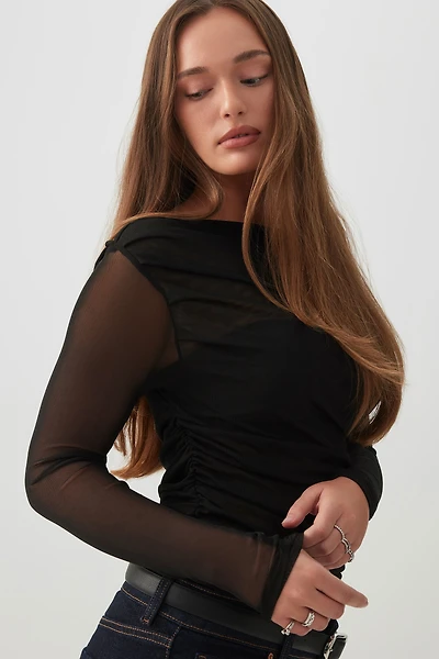 Ardene Asymmetrical Ruched Mesh top in | Size | Polyester/Spandex