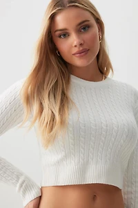 Ardene Crop Cable Knit Sweater in White | Size | Polyester/Nylon