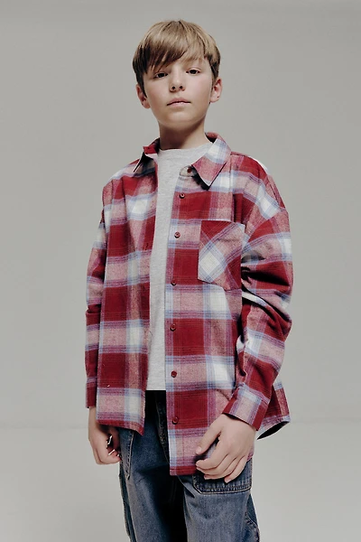 Ardene Kids Flannel Plaid Shirt in Burgundy | Size | 100% Cotton