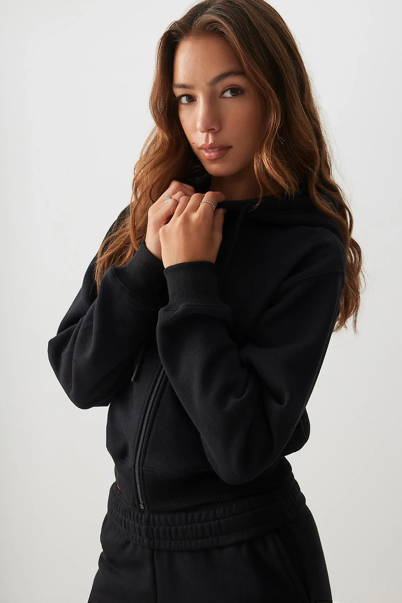Ardene MADESOFT Fleece Short Zip Up Hoodie in Black Licorice | Size | Polyester/Cotton | Eco-Conscious