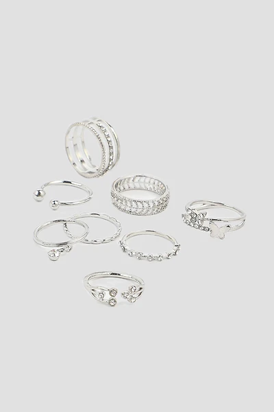 Ardene 10-Pack Stone Thin Rings in Silver | Size