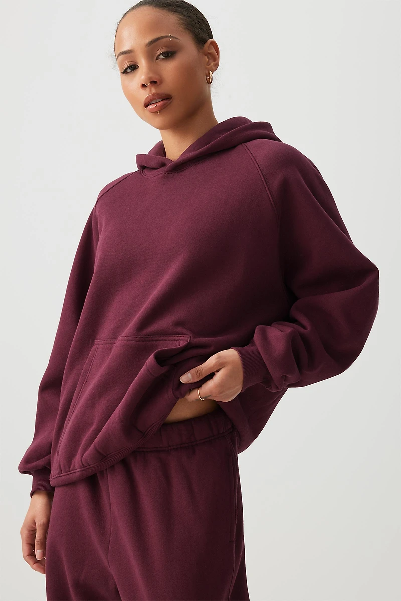 Ardene Washed Oversized Raglan Hoodie in Burgundy | Size | Polyester/Cotton | Fleece-Lined