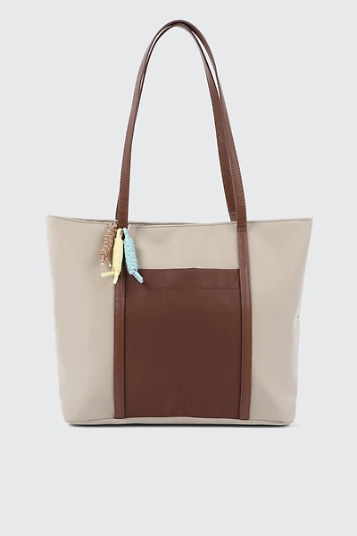 Ardene Nylon Tote Bag with Charms in Beige | Faux Leather/Polyester/Nylon