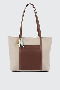 Ardene Nylon Tote Bag with Charms in Beige | Faux Leather/Polyester/Nylon