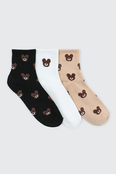 Ardene 3-Pack Teddy Bear Demi-Crew Socks | Polyester/Spandex