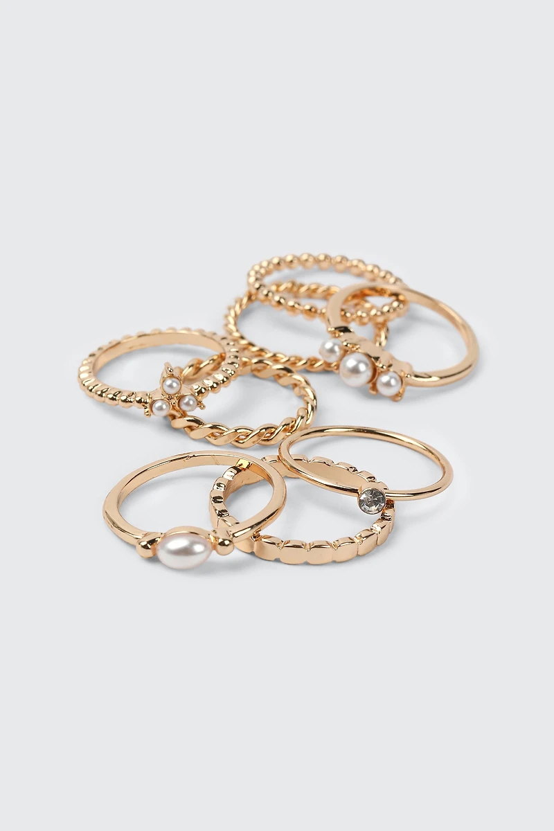 Ardene 8-Pack Mini Pearl Rings in Gold | Size Small