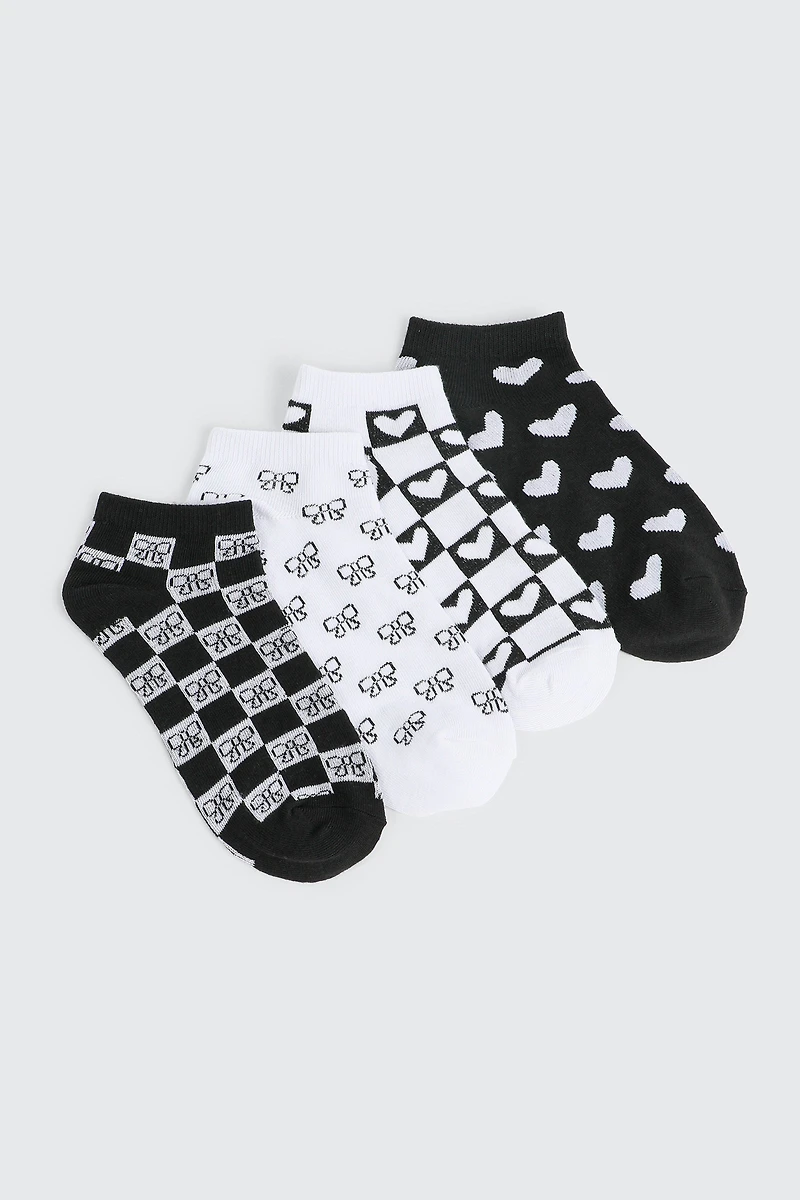 Ardene 4-Pack Printed Ankle Socks in Black | Polyester/Spandex