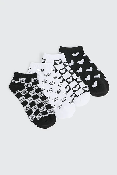 Ardene 4-Pack Printed Ankle Socks in Black | Polyester/Spandex