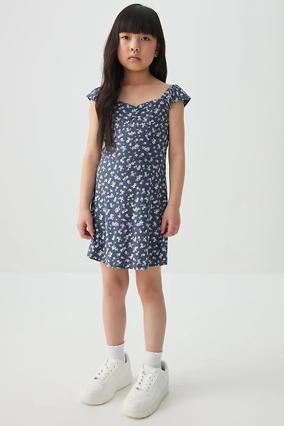 Ardene Kids Ruffle Sleeve Dress with Integrated Shorts in Dark Blue | Size XL | Polyester/Spandex