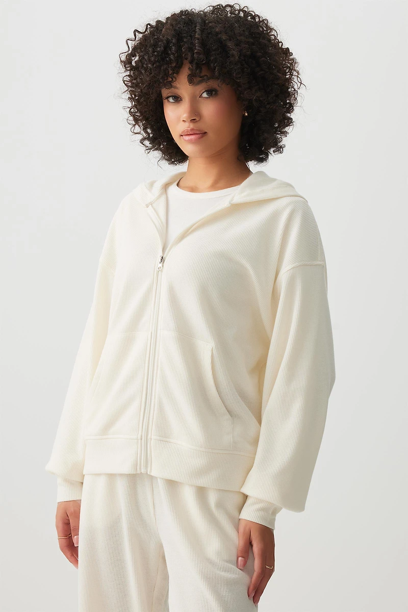 Ardene Waffle Knit Zip Up Hoodie in Off-White | Size | Polyester/Spandex