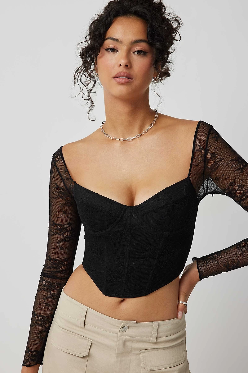 Ardene Mesh & Lace Long Sleeve Bustier Top in Black | Size | Polyester/Elastane/Polyamide
