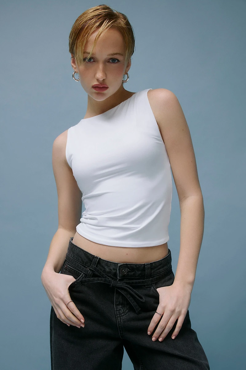 Ardene Contour Crop Boat Neck Tank Top in White | Size | Elastane/Polyamide