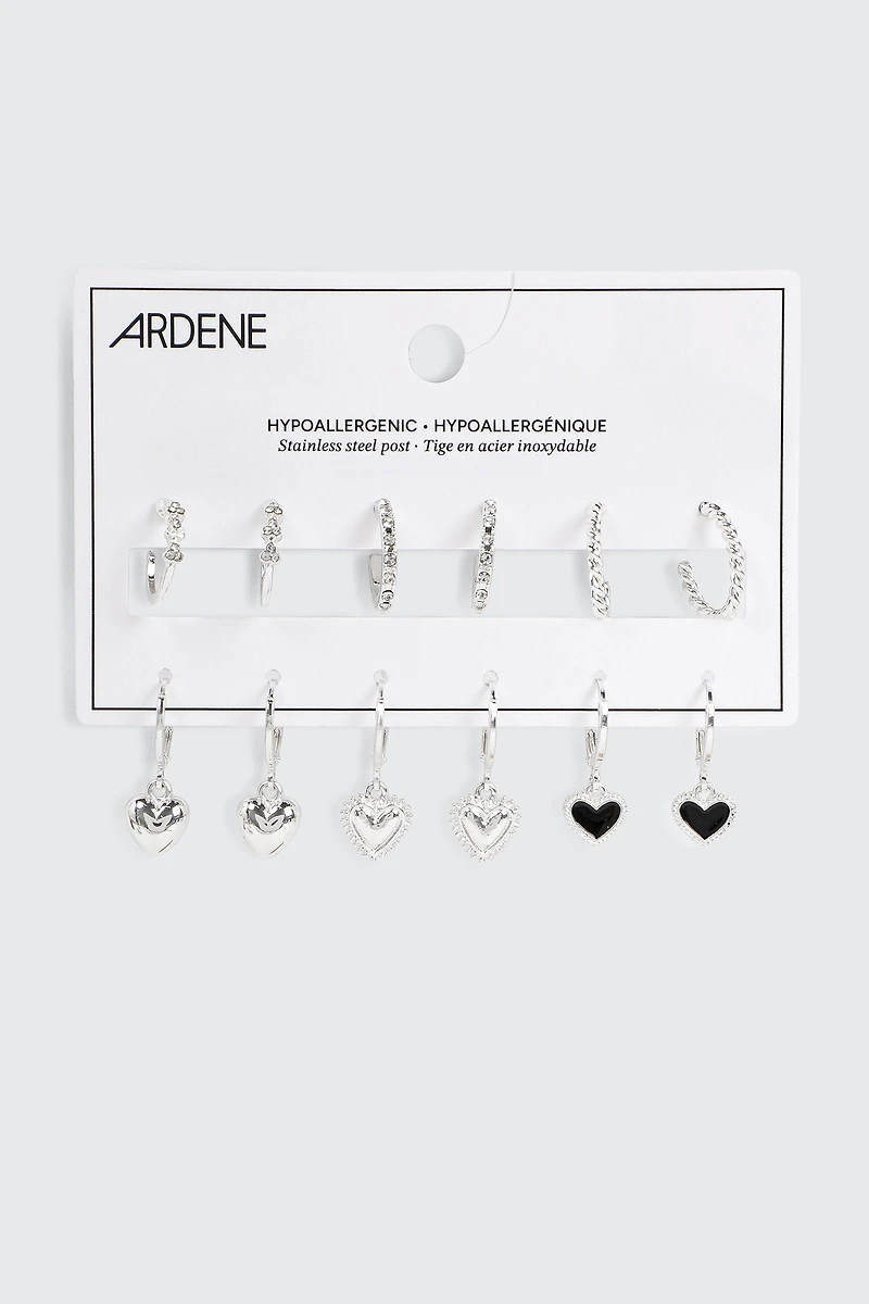 6 paires d'anneaux à breloques de cœur