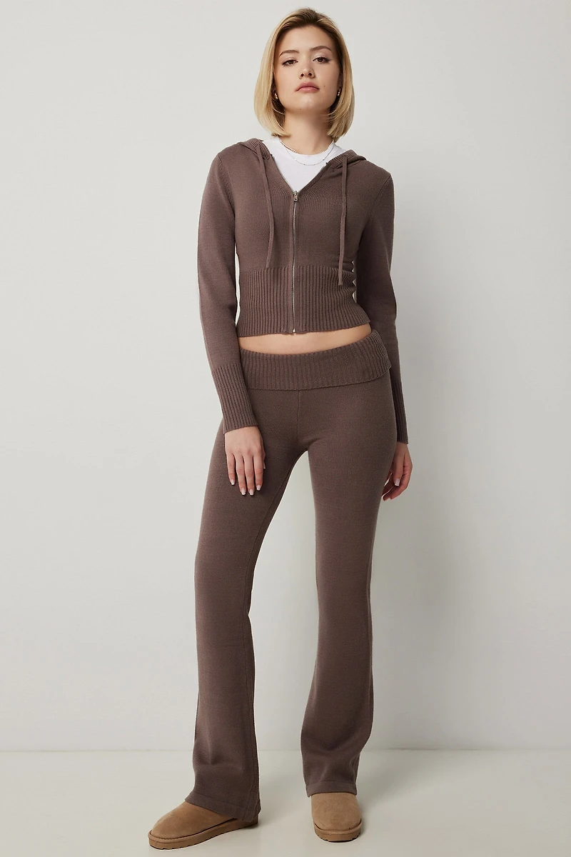 Ardene Foldover Flare Leg Pants in Brown | Size | Polyester/Nylon/Viscose