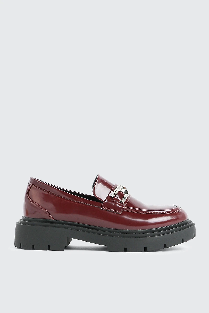 Ardene Lug Sole Loafers with Metal Ornament in Burgundy | Size | Faux Leather | Eco-Conscious