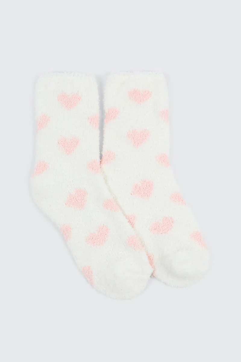 Ardene Heart Cozy Socks in White | Polyester/Spandex