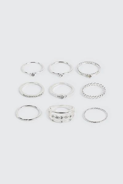 Ardene 9-Pack Assorted Rings with Stones in Silver | Size | Eco-Conscious
