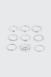 Ardene 9-Pack Assorted Rings with Stones in Silver | Size | Eco-Conscious