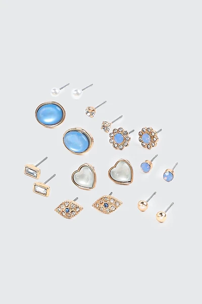 Ardene 9-Pack Blue Stone Earrings in Gold | Stainless Steel
