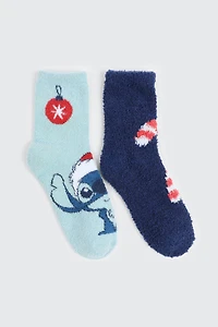 Ardene 2-Pack Stitch Fuzzy Socks in Dark Blue | Polyester/Elastane