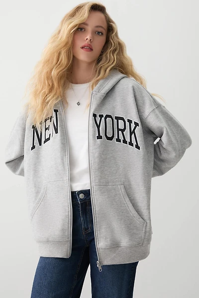 Ardene Oversized Zip Up Graphic Hoodie in Grey | Size | Polyester/Cotton | Eco-Conscious