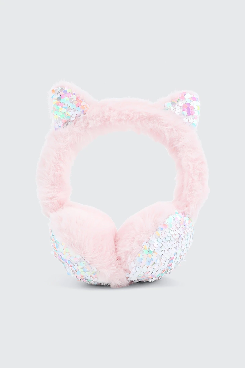 Ardene Kids Sequin Cat Earmuffs in Light Pink | Polyester