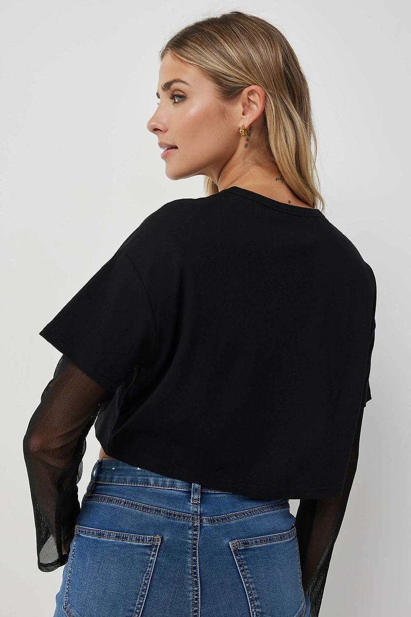 T-shirt carré à manches filet crâne ailé