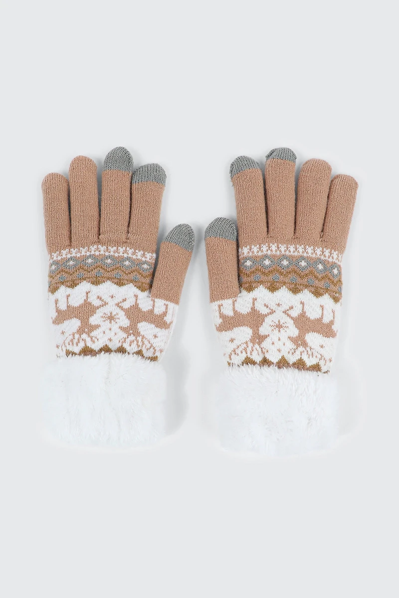 Ardene Reindeer Fair Isle Gloves in Beige | Polyester/Elastane