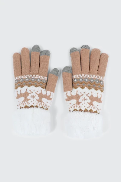 Ardene Reindeer Fair Isle Gloves in Beige | Polyester/Elastane