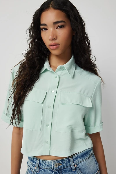 Ardene Crop Button Up Shirt in Light Green | Size Large | Polyester