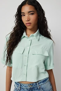 Ardene Crop Button Up Shirt in Light Green | Size Large | Polyester