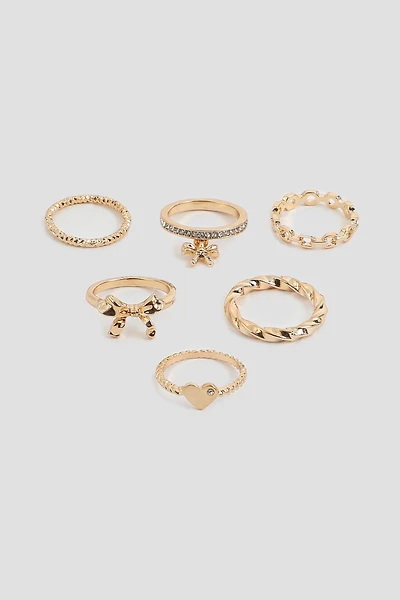 Ardene 6-Pack Bow & Heart Rings in Gold | Size Small