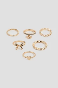 Ardene 6-Pack Bow & Heart Rings in Gold | Size Small