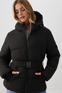 Ardene Belted Puffer Jacket in Black | Size | Polyester