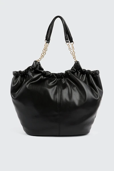 Ardene Ruched Tote Bag with Chain Straps in Black | Faux Leather/Polyester