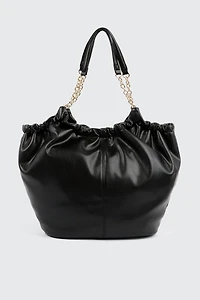 Ardene Ruched Tote Bag with Chain Straps in Black | Faux Leather/Polyester