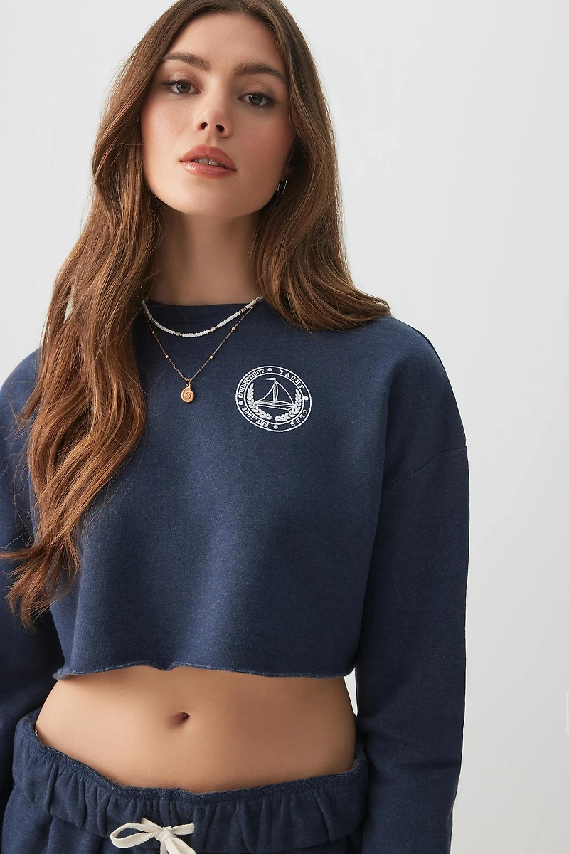 Ardene Crop Graphic Sweatshirt in Dark Blue | Size | Polyester/Cotton | Fleece-Lined