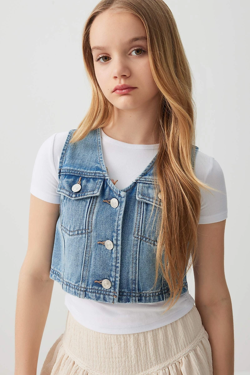 Ardene Kids Denim Vest in Medium Blue | Size | Polyester/Rayon/Cotton