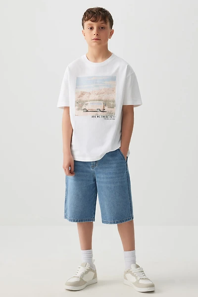 Ardene Kids Carpenter Denim Bermuda Shorts in Medium Blue | Size | Polyester/Rayon/Cotton