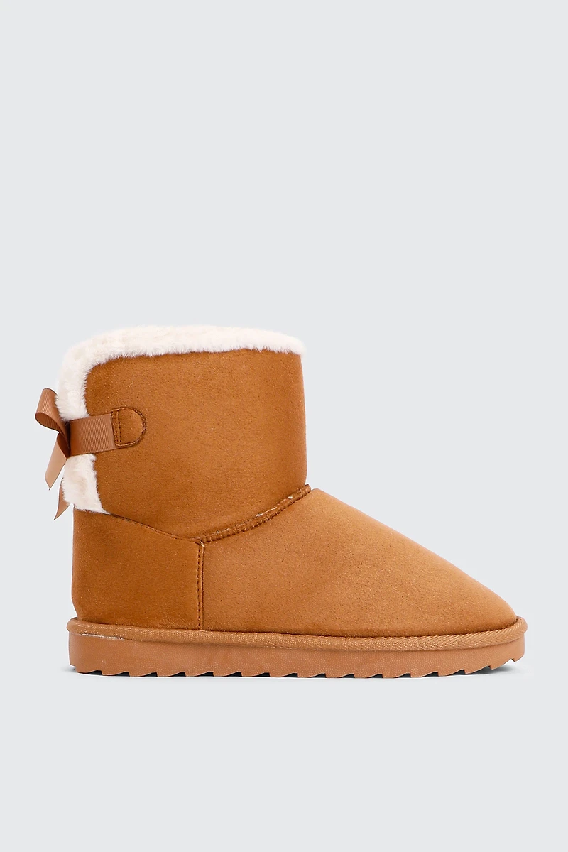 Ardene Platform Faux Sheepskin Boots with Bow in Cognac | Size | Faux Suede | Eco-Conscious