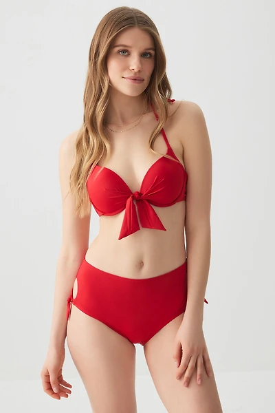 Ardene Side Bow High Waist Bikini Bottom in Red | Size | Polyester/Nylon/Elastane | Microfiber